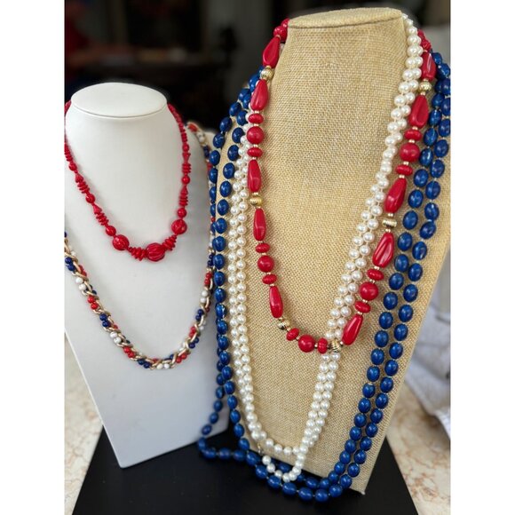 Vintage Multi-Strand Beaded Necklaces Set - Red White & Blue Faux Pearl & Gold-T - Picture 2 of 10